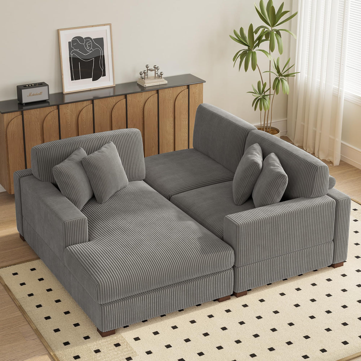 118" Light Gray Corduroy Modular Sectional Sofa with L-Shape Chaise X8553