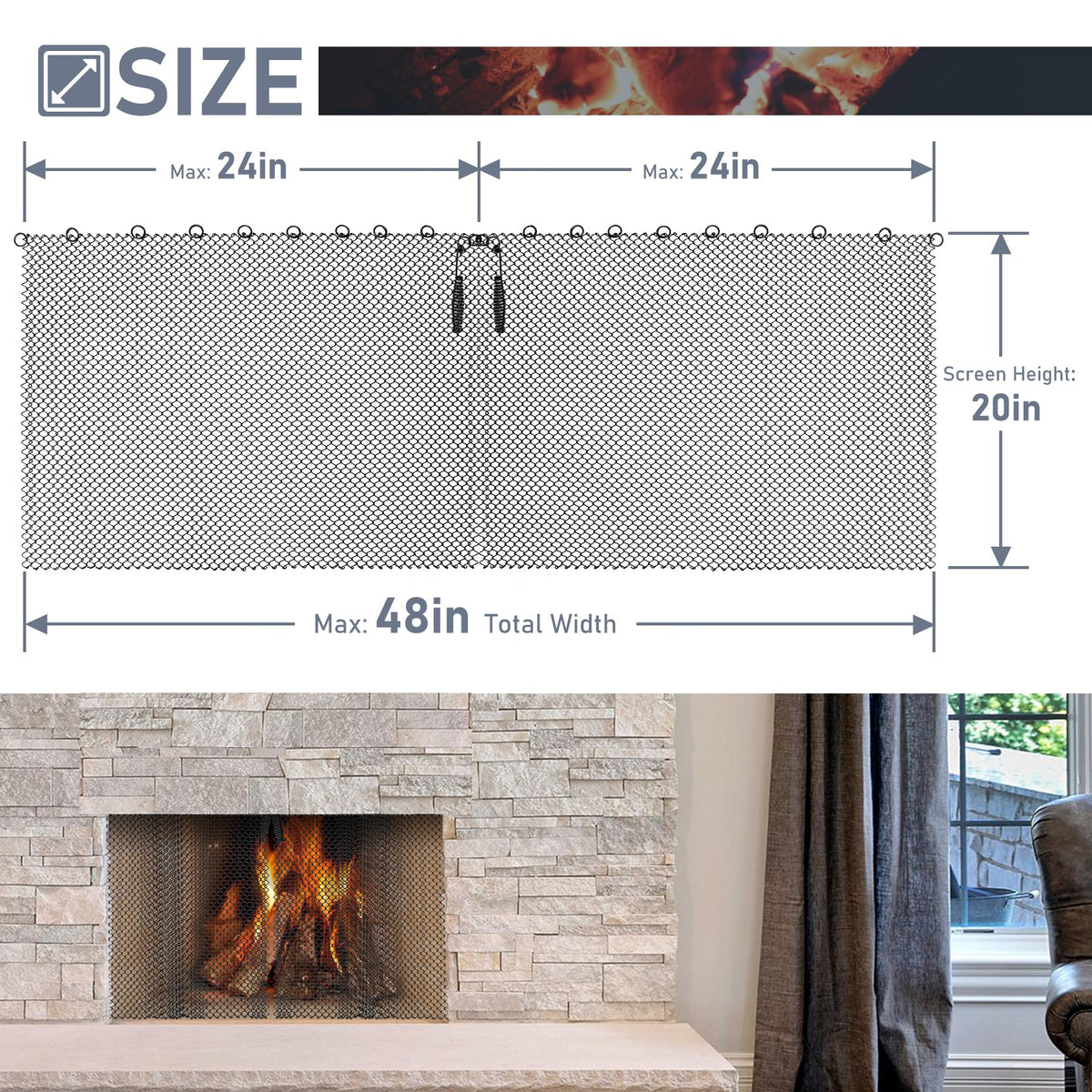 Black Fireplace Mesh Screen Curtain, Two 20" x 24" Panels F6743