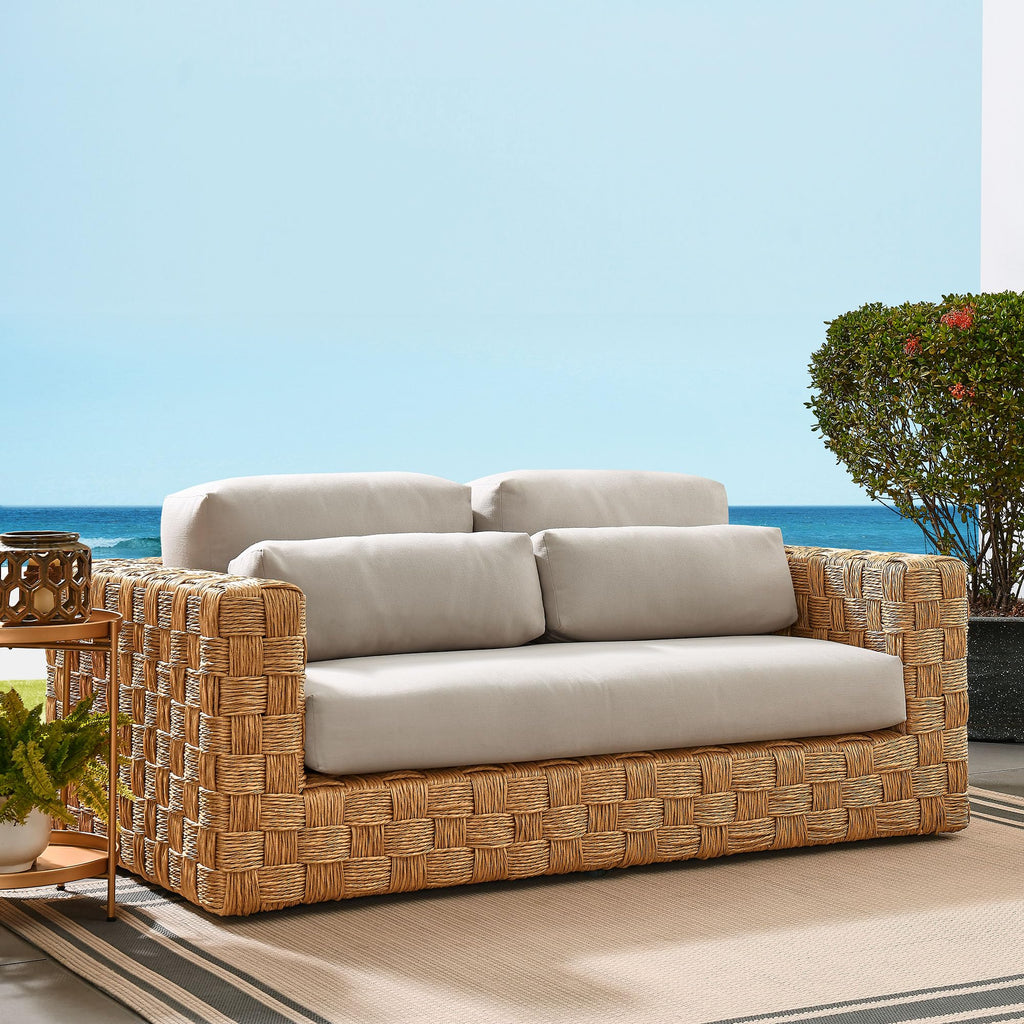 Natural Light Gray Wicker Rattan Outdoor Loveseat with Cushions F61689